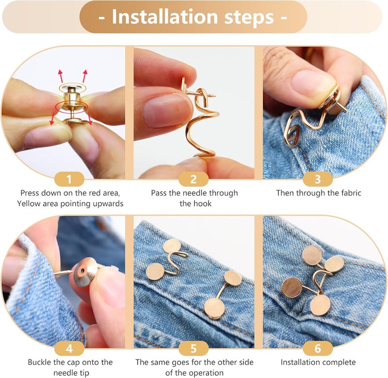 ROPAKED 6 Set Pant Waist Tightener Buttons Pins for Loose Jeans Reusable Waist Cincher Clip Metal Brooch for Clothing Dresses Skirts No Sewing Decoration Accessories（Gold - Image 4